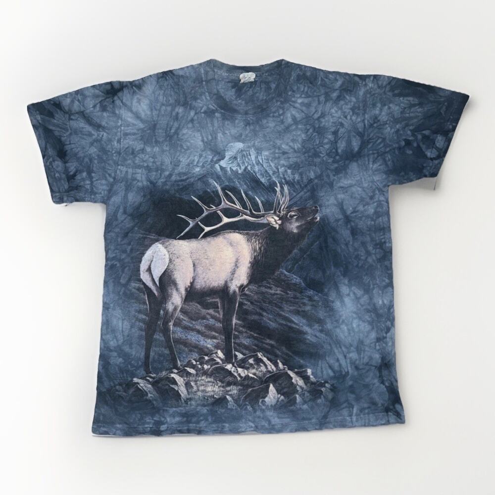 Vintage The Mountain Deer Graphic T-Shirt Blue Tie Dye Nature Wildlife Medium